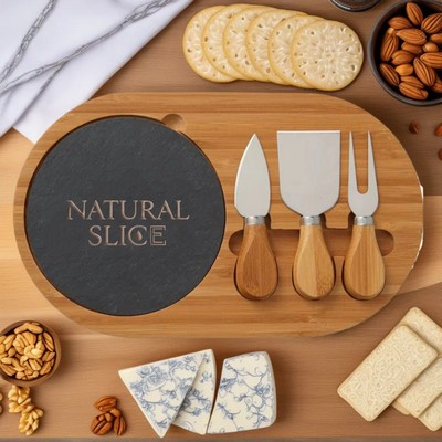 Bamboo Cheese Board with Slate Top and Cheese Knives